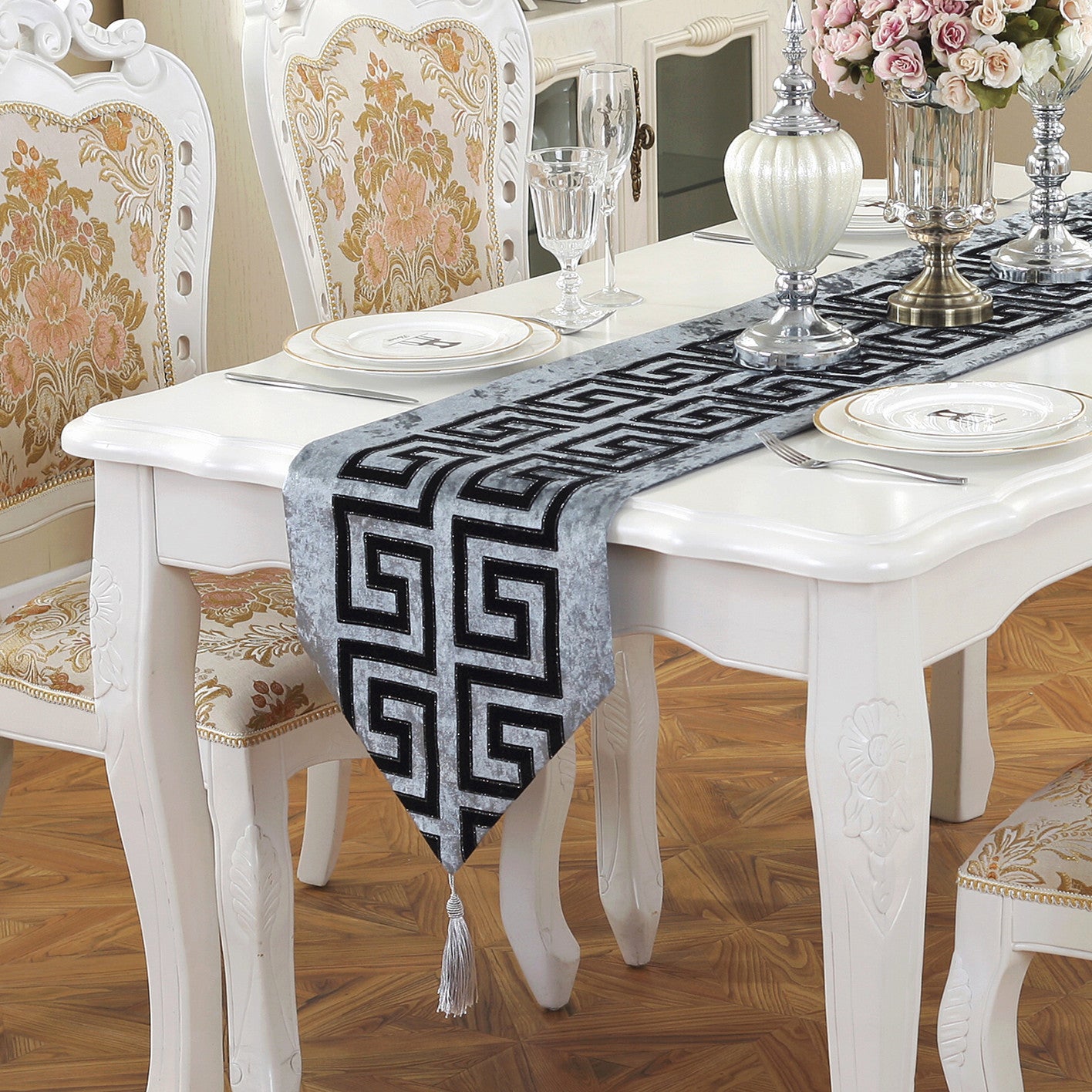 Black & White Table Runner with Tassels, Designed Runners For Tables