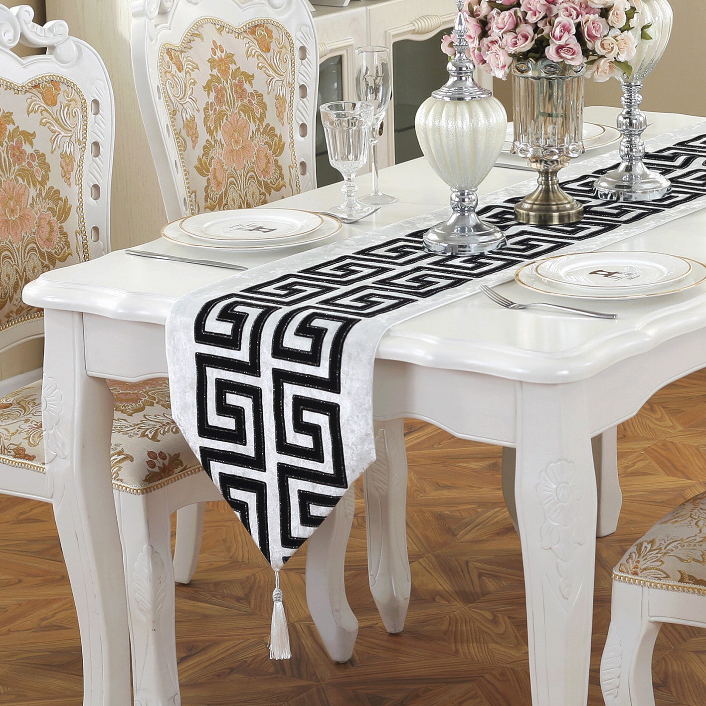 Black & White Table Runner with Tassels, Designed Runners For Tables