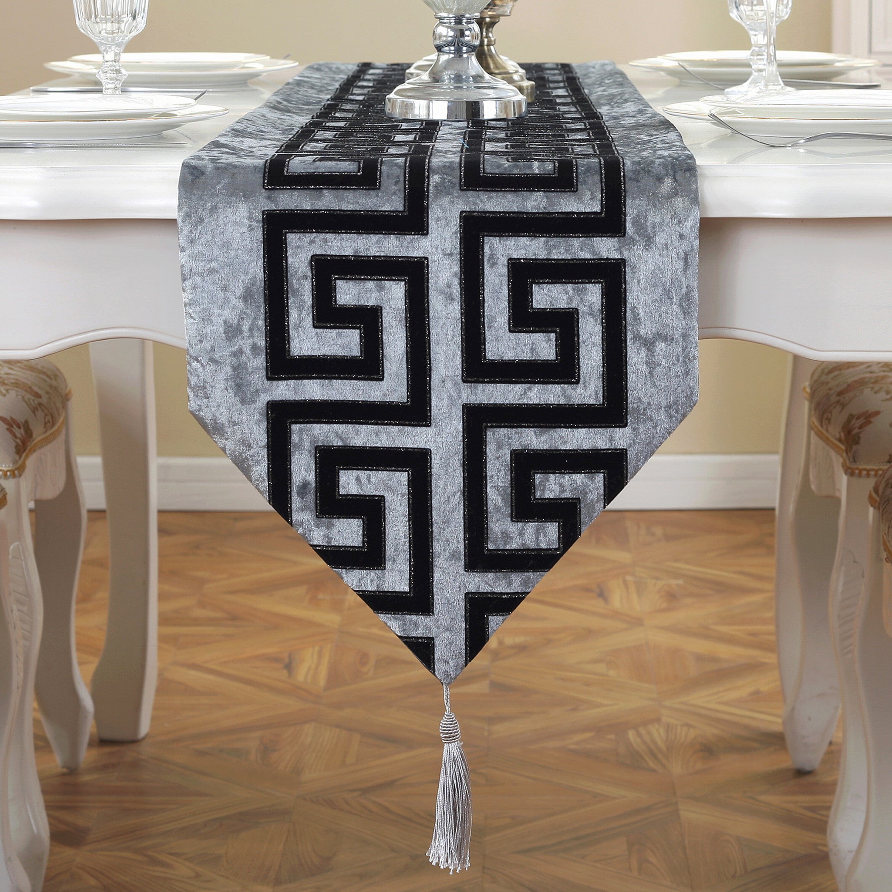 Black & White Table Runner with Tassels, Designed Runners For Tables