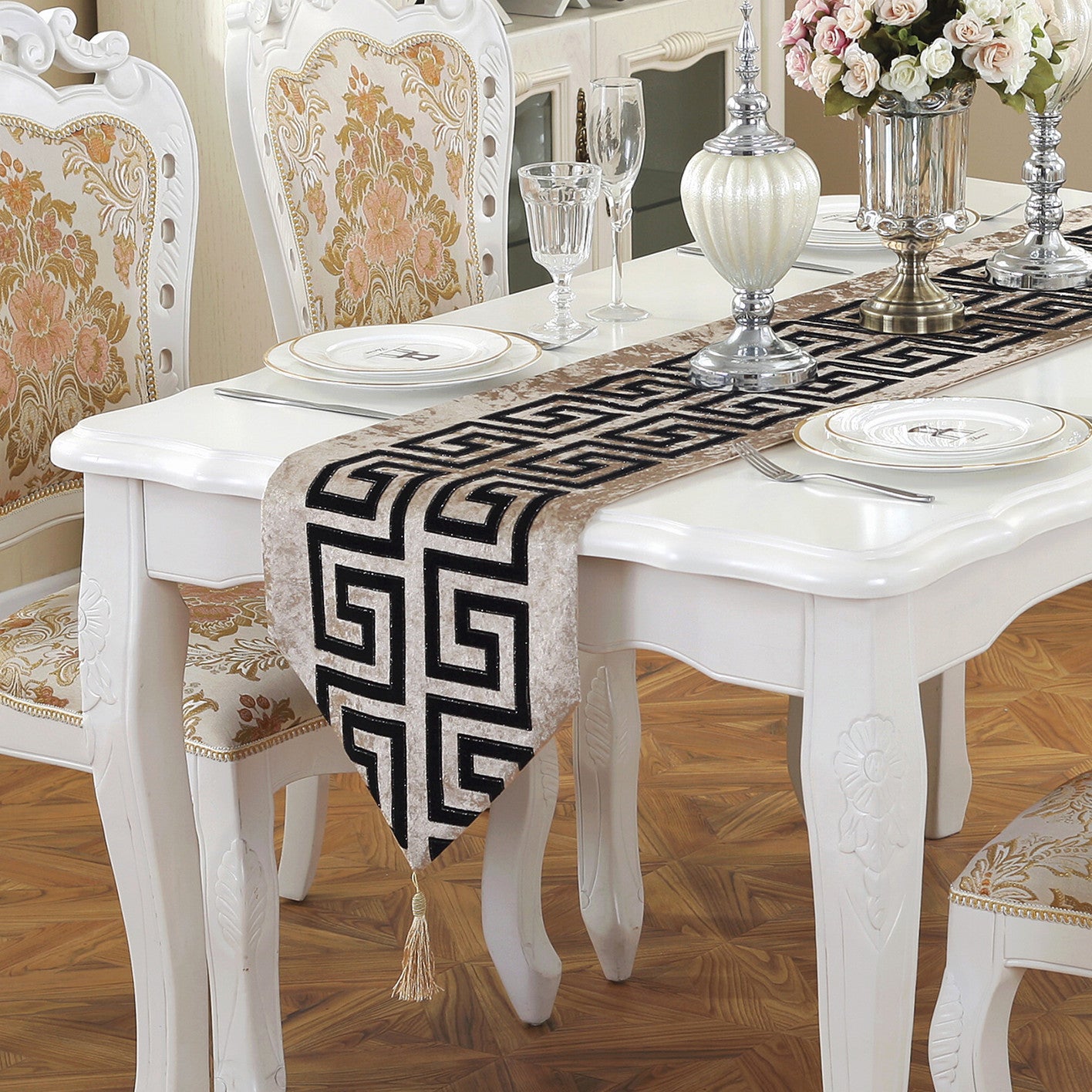 Black & White Table Runner with Tassels, Designed Runners For Tables