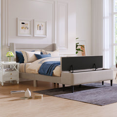 3 Pieces Bedroom Set Beige Queen Size Upholstered Storage Bed Frame with Storage Ottoman Bench and Two Nightstands