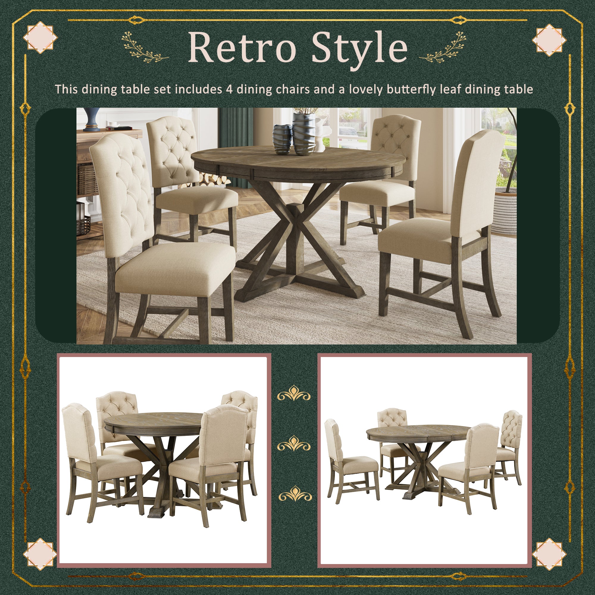 Retro Style Dining Table Set with Extendable Table and 4 Upholstered Chairs- Natural Wood Wash