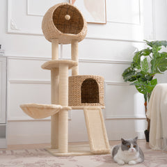 Cat Tree, 59-Inch Cat Tower for Indoor Cats, Plush Multi-Level Cat Condo with 2 Perches, 2 Caves, Cozy Basket and Scratching Board - Beige