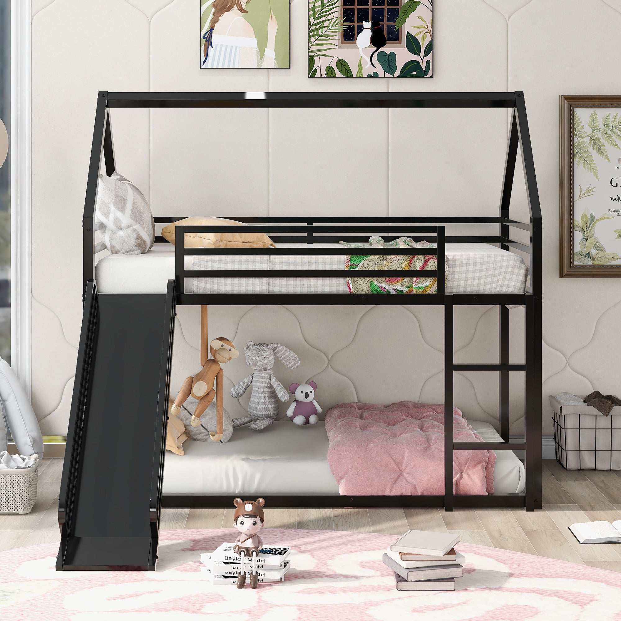 Twin over Twin House Bunk Bed with Ladder and Slide - Black