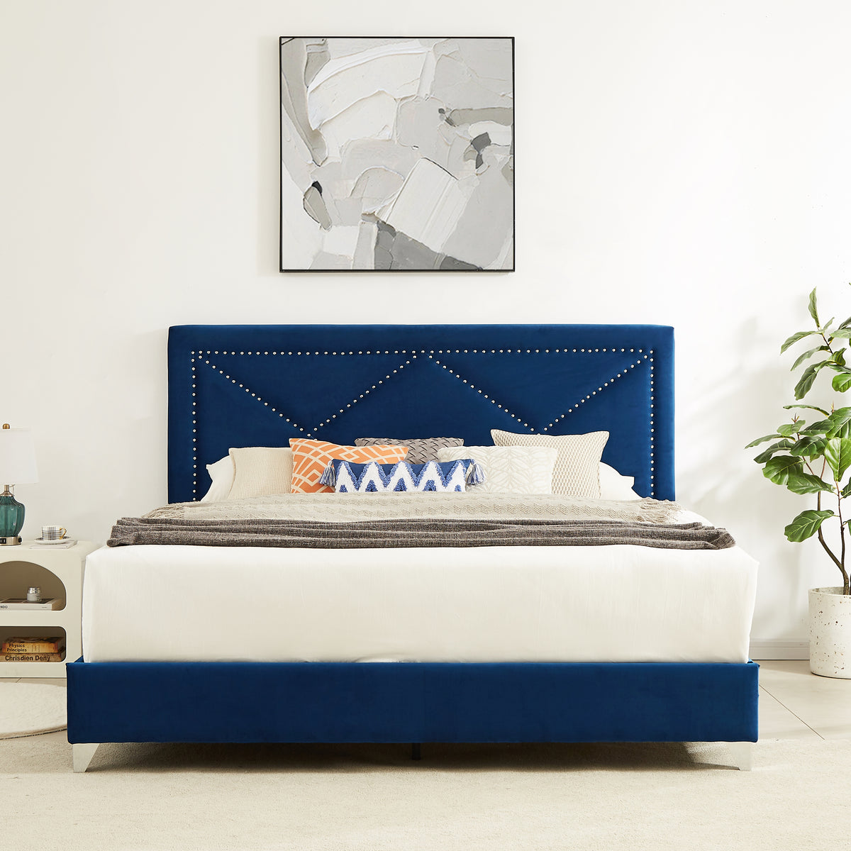 King Bed with Beautiful Brass Studs Adorn - Blue