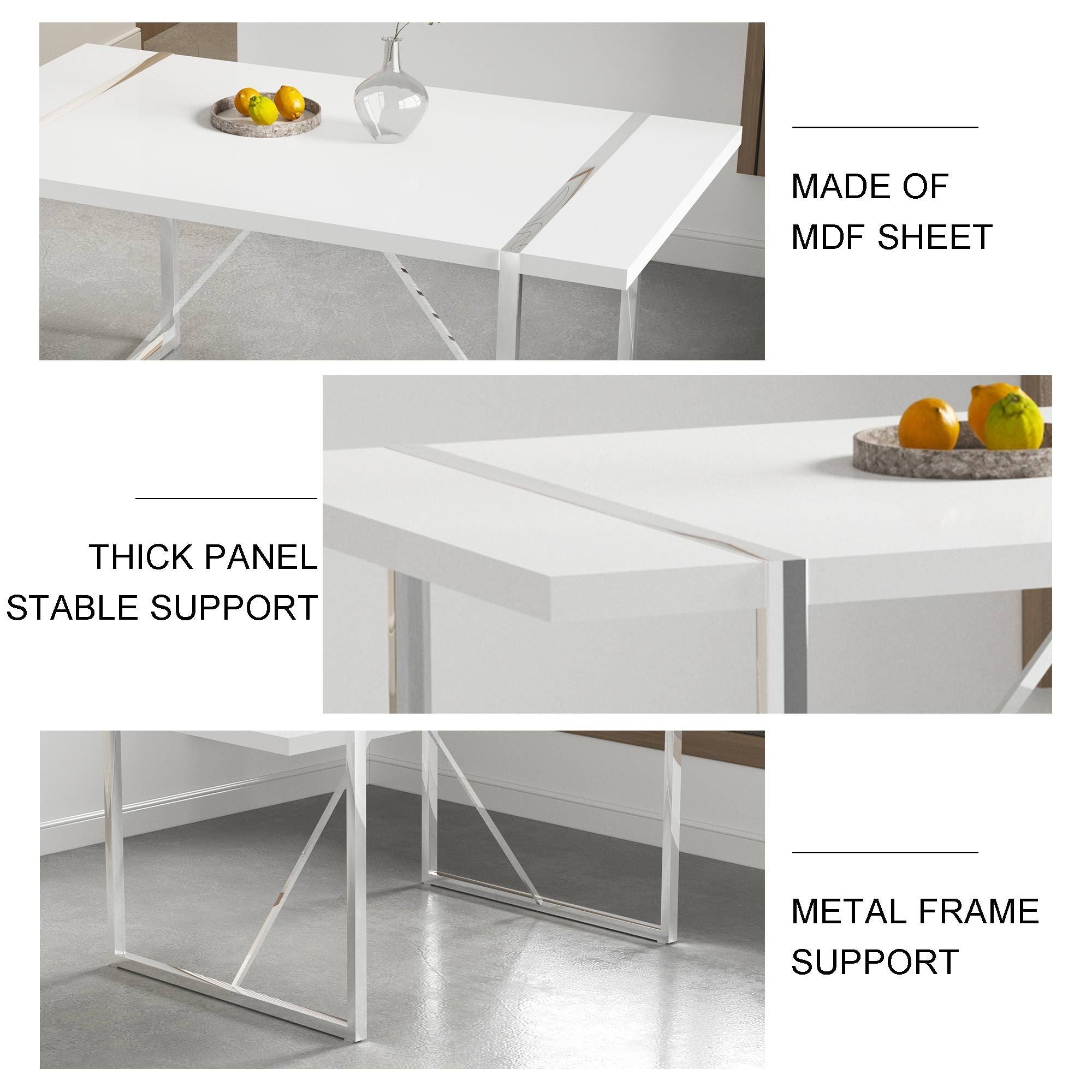 Dining Table Rustic Rectangular MDF Wood White Dining Table For 4-6 Person with 1.6" Thick Engineered Wood Tabletop and plating Metal Legs