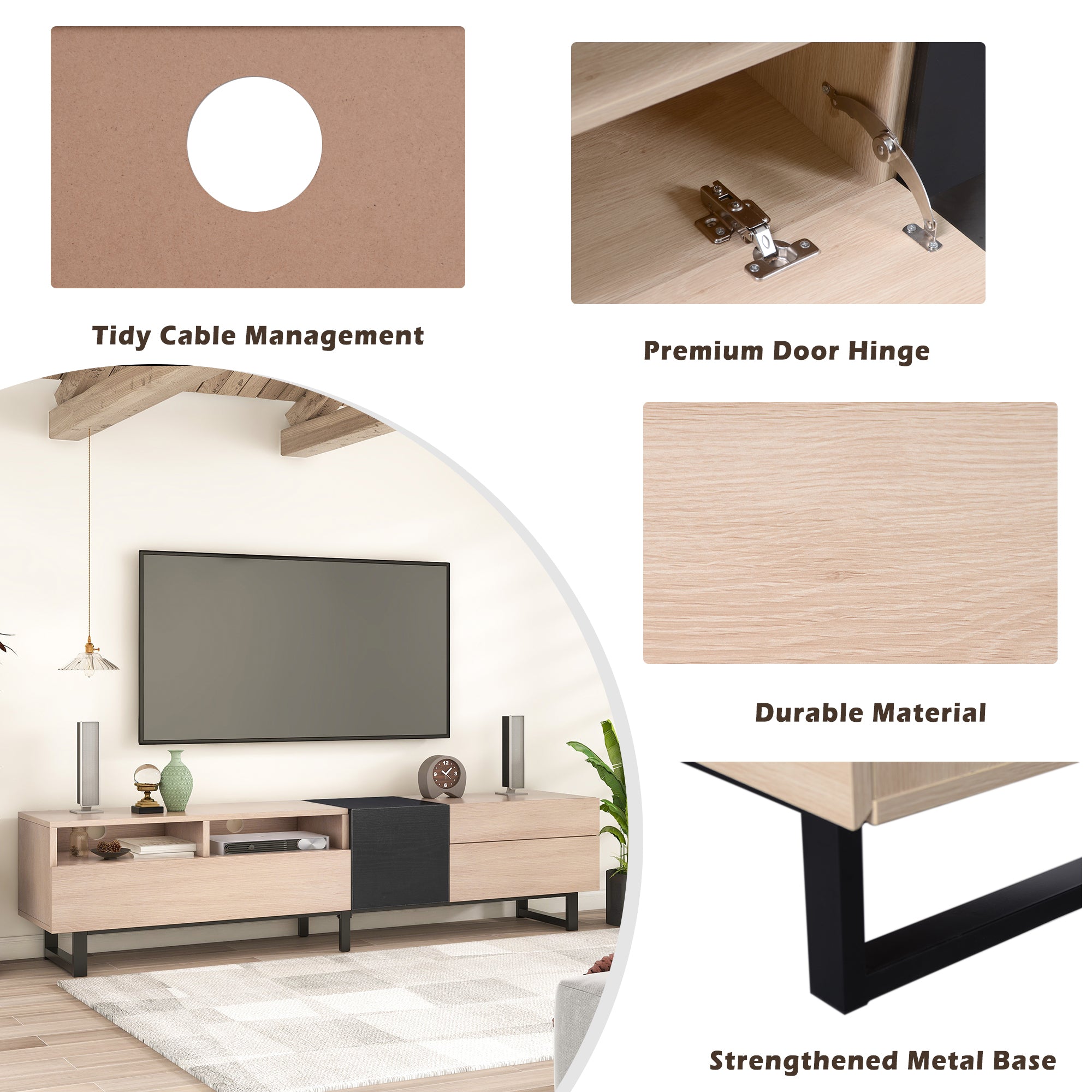 Modern TV Stand for 80'' TV with Double Storage Space - Natural Wood