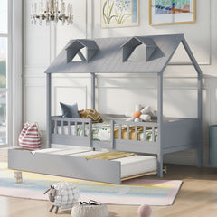 Twin Size House Wood Bed with Twin Size Trundle - Gray