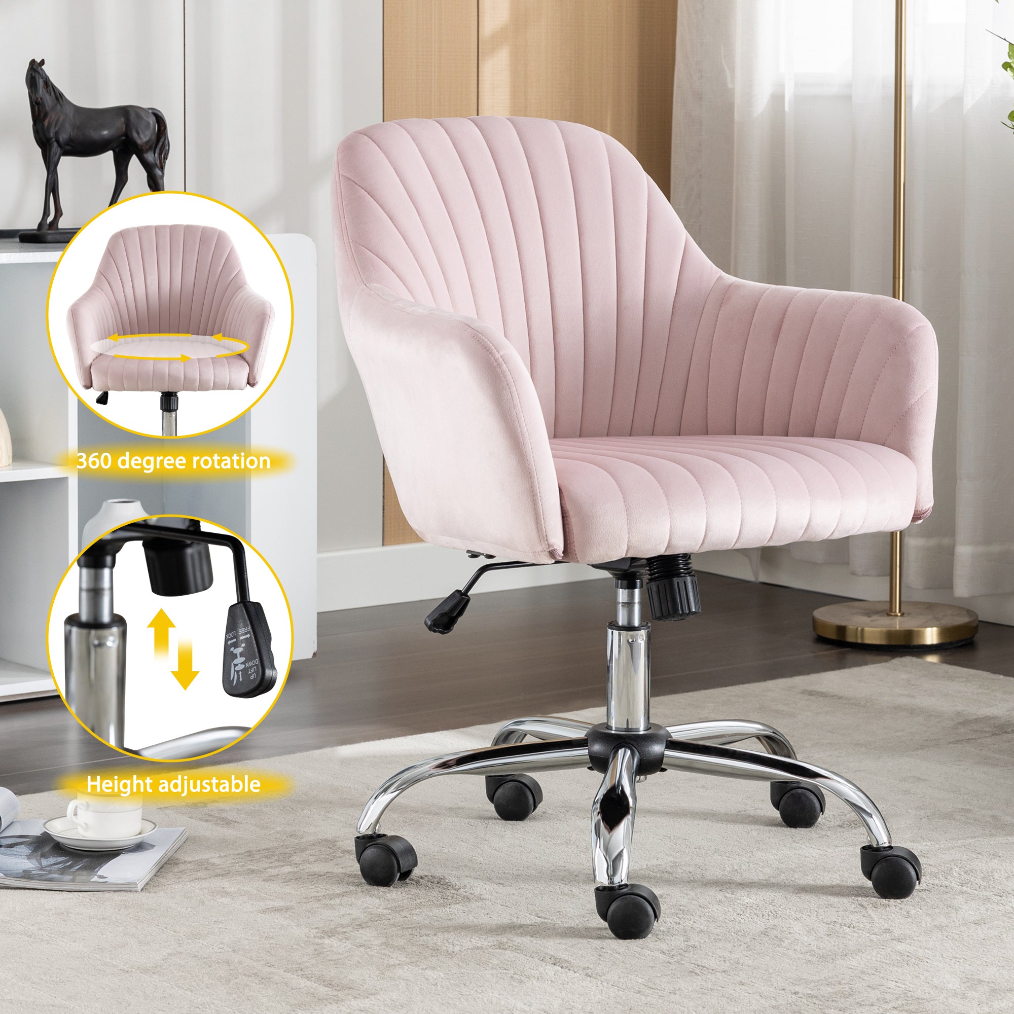 Modern Home Office Leisure Chair with Adjustable Velvet Height - Pink