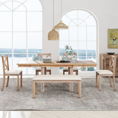 Farmhouse 6-Piece Extendable Dining Table with Footrest, 4 Upholstered Dining Chairs and Dining Bench - Natural+Beige Cushion