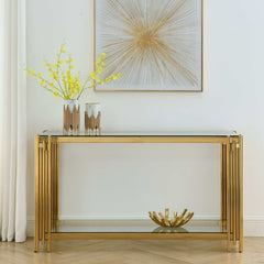 Modern Glass Console Table with Sturdy Metal Frame and Clear Tempered Glass Top - Gold Finish