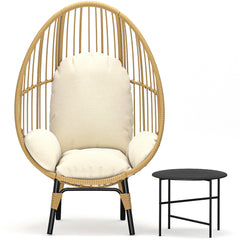 Patio PE Wicker Egg Chair Model 1 with Natural Color Rattan Beige Cushion and Side Table