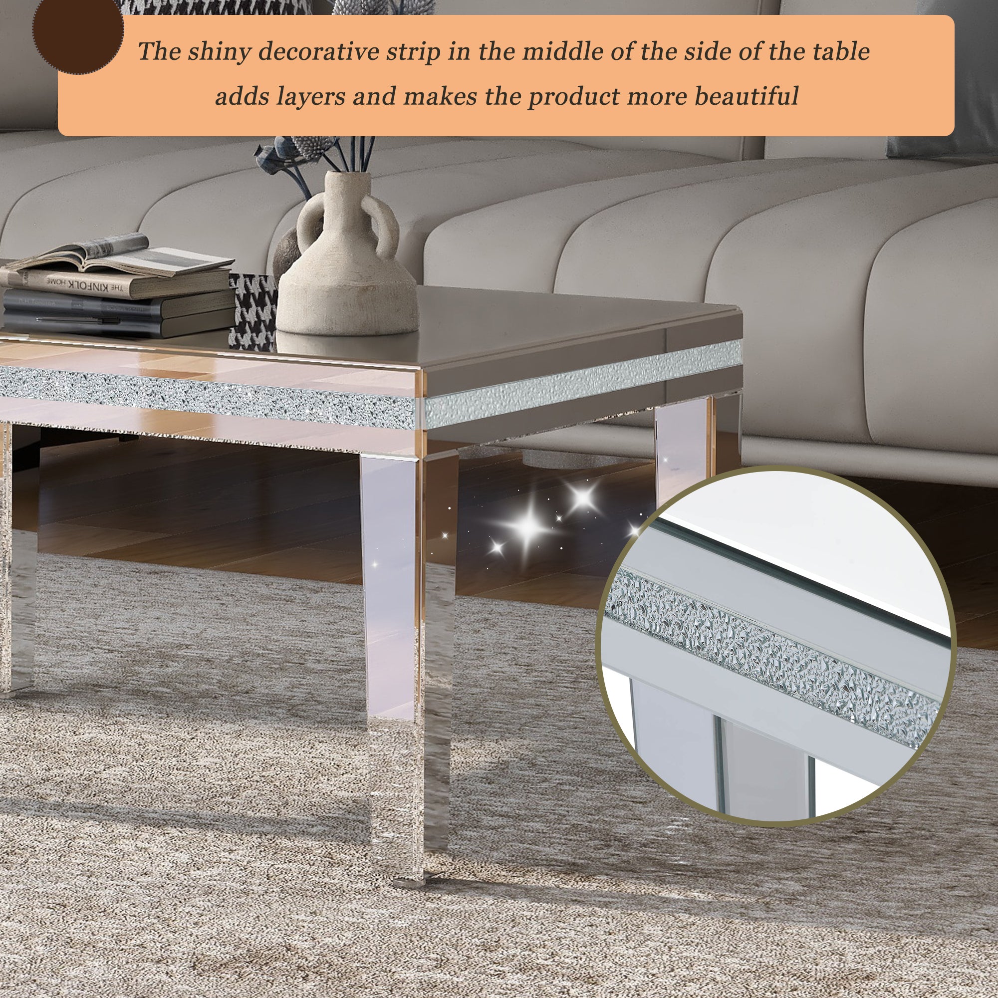 Fashionable Modern Glass Mirrored Coffee Table, Easy Assembly Cocktail Table with Crystal Design and Adjustable Height Legs - Silver