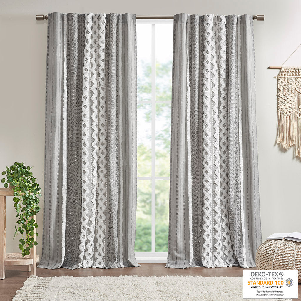 Cotton Printed Curtain Panel with Chenille Stripe and Lining - Gray