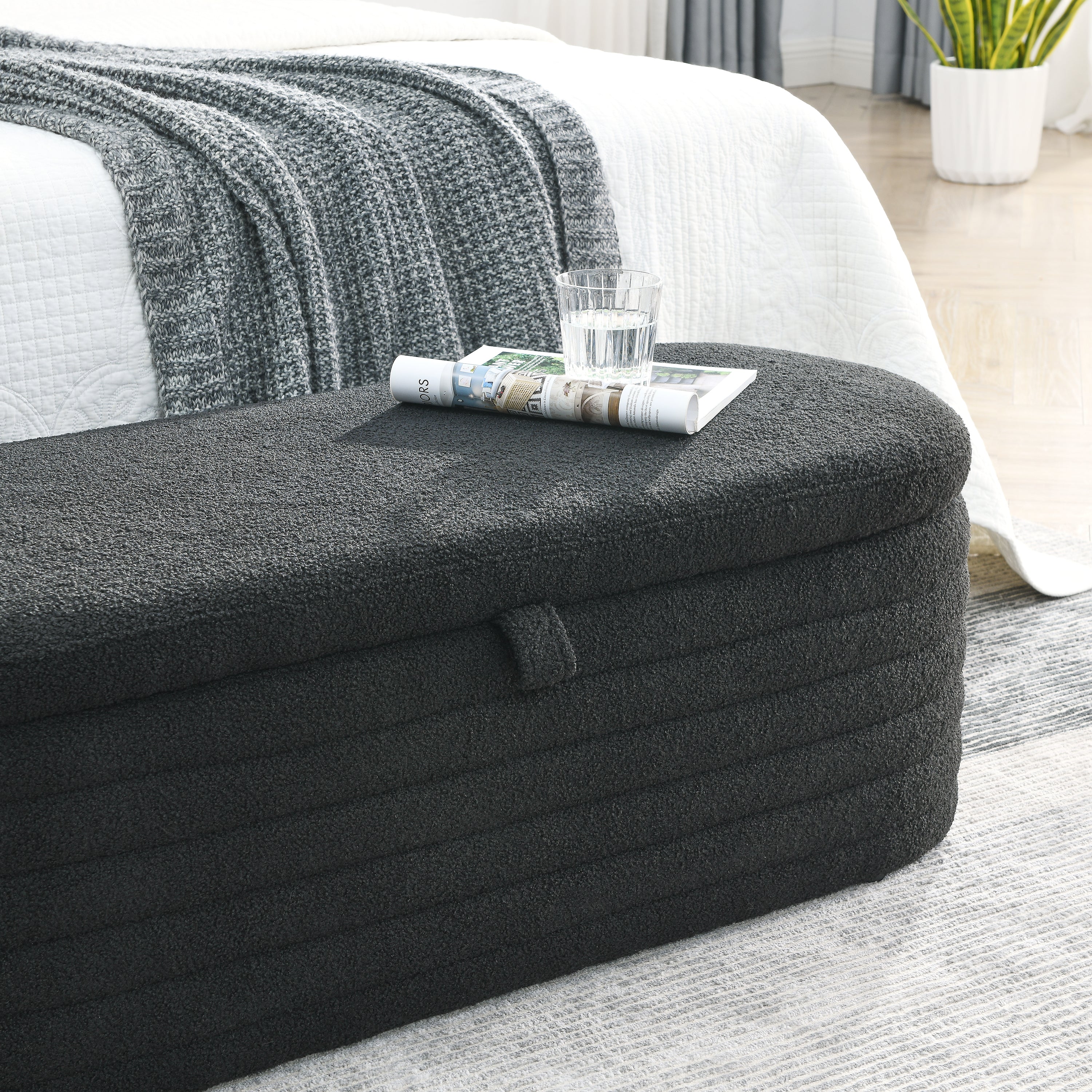 Storage Ottoman Bench Upholstered Fabric Storage - Black teddy