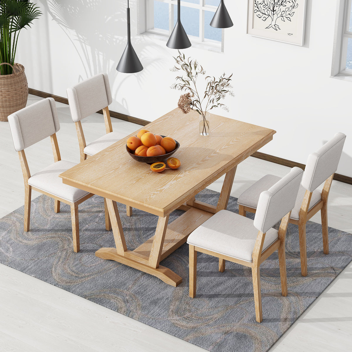 Rustic 5-piece Dining Table Set with 4 Upholstered Chairs - Natural