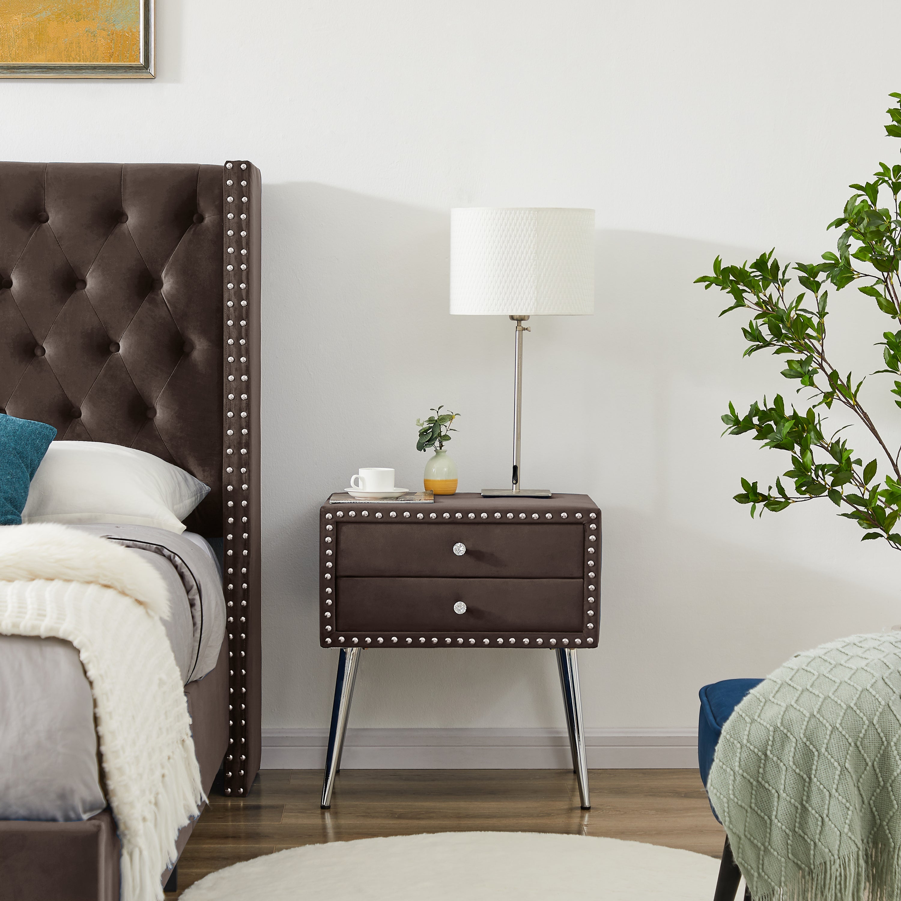 Queen Bed with Two(2) nightstands - Button designed Headboard