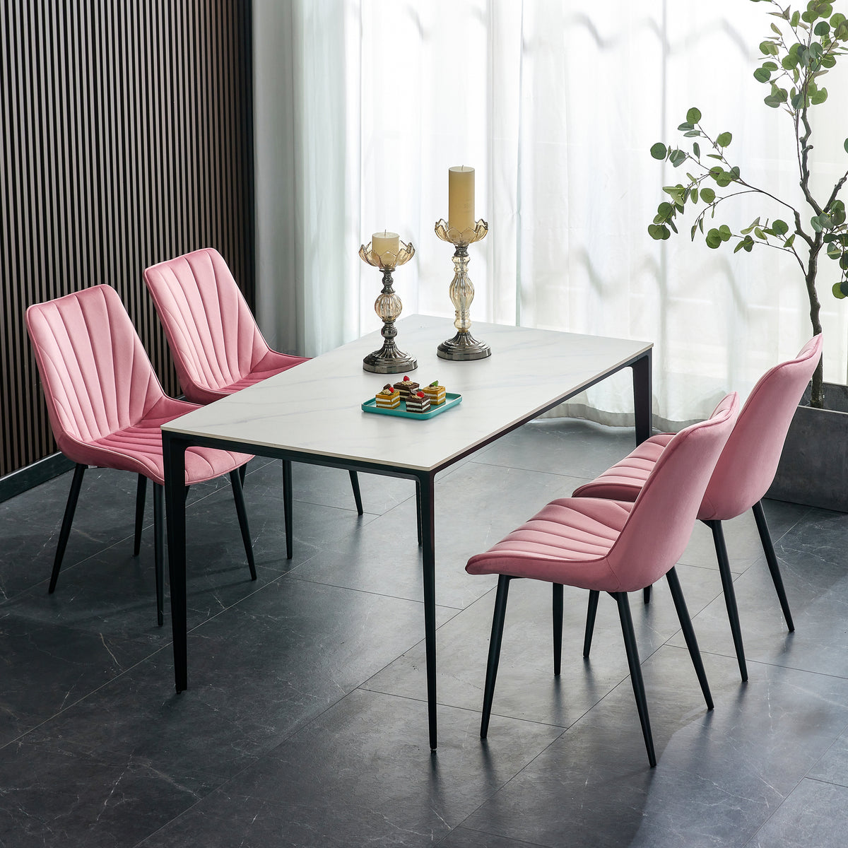 Modern Velvet Dining Chairs with Cushion Seat Back Black Coated Legs Upholstered (Set of 4) - Pink