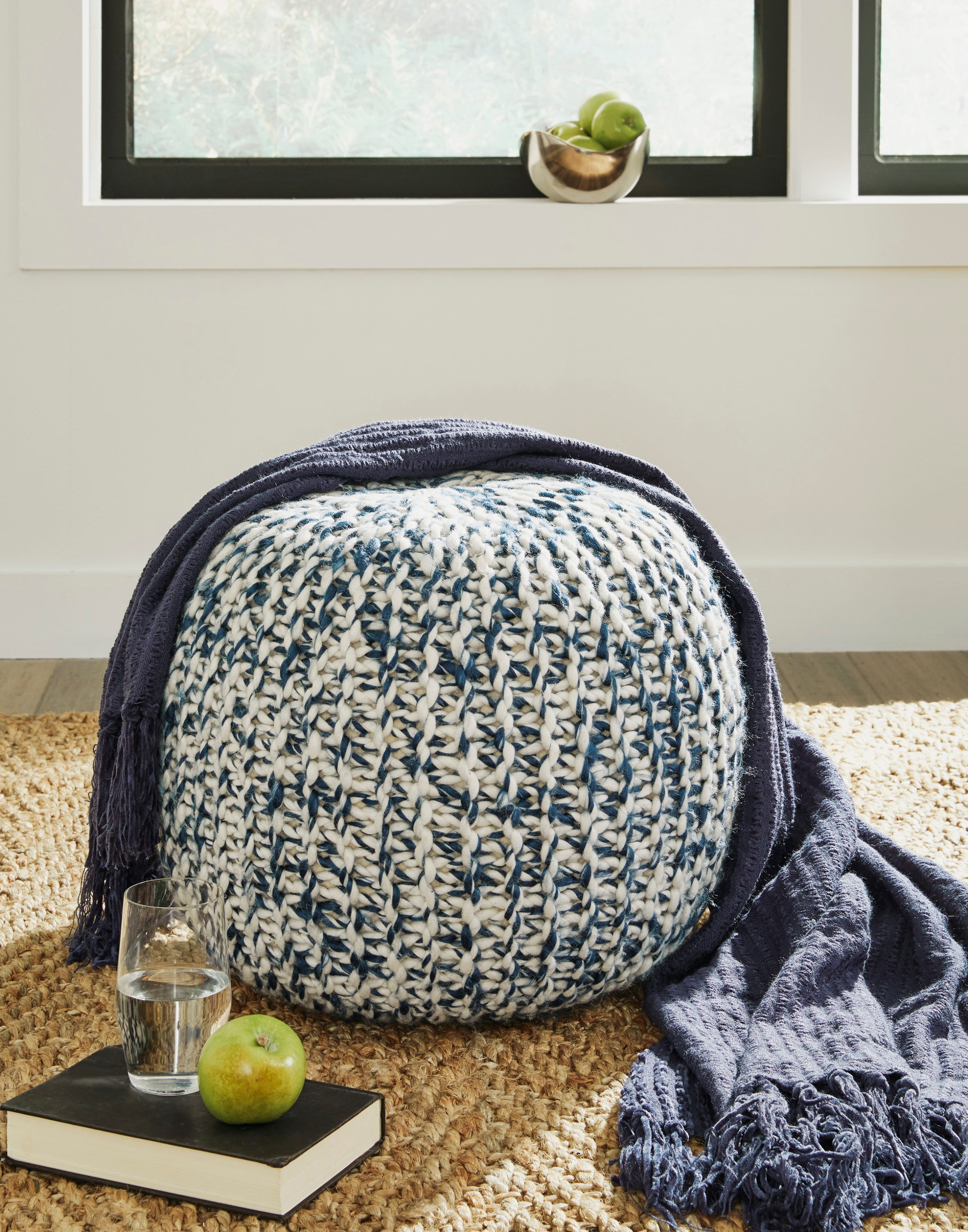 Blue/White Hand-Knitted Pouf