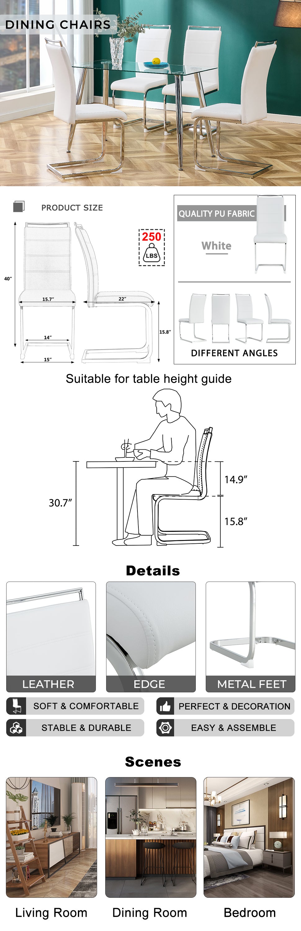 Modern Dining Chairs High Back Upholstered (Set of 4) - White+PU