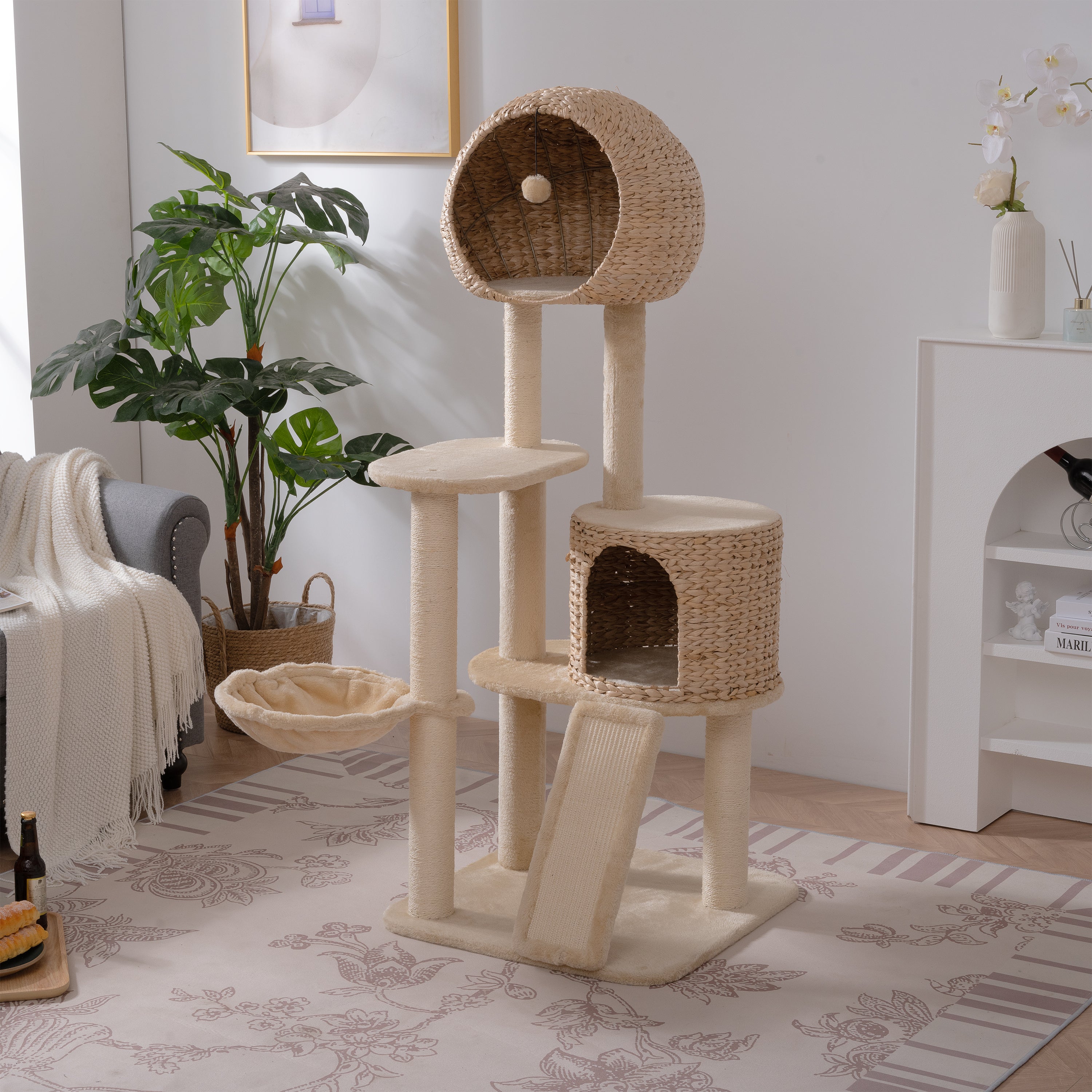 Cat Tree, 59-Inch Cat Tower for Indoor Cats, Plush Multi-Level Cat Condo with 2 Perches, 2 Caves, Cozy Basket and Scratching Board - Beige