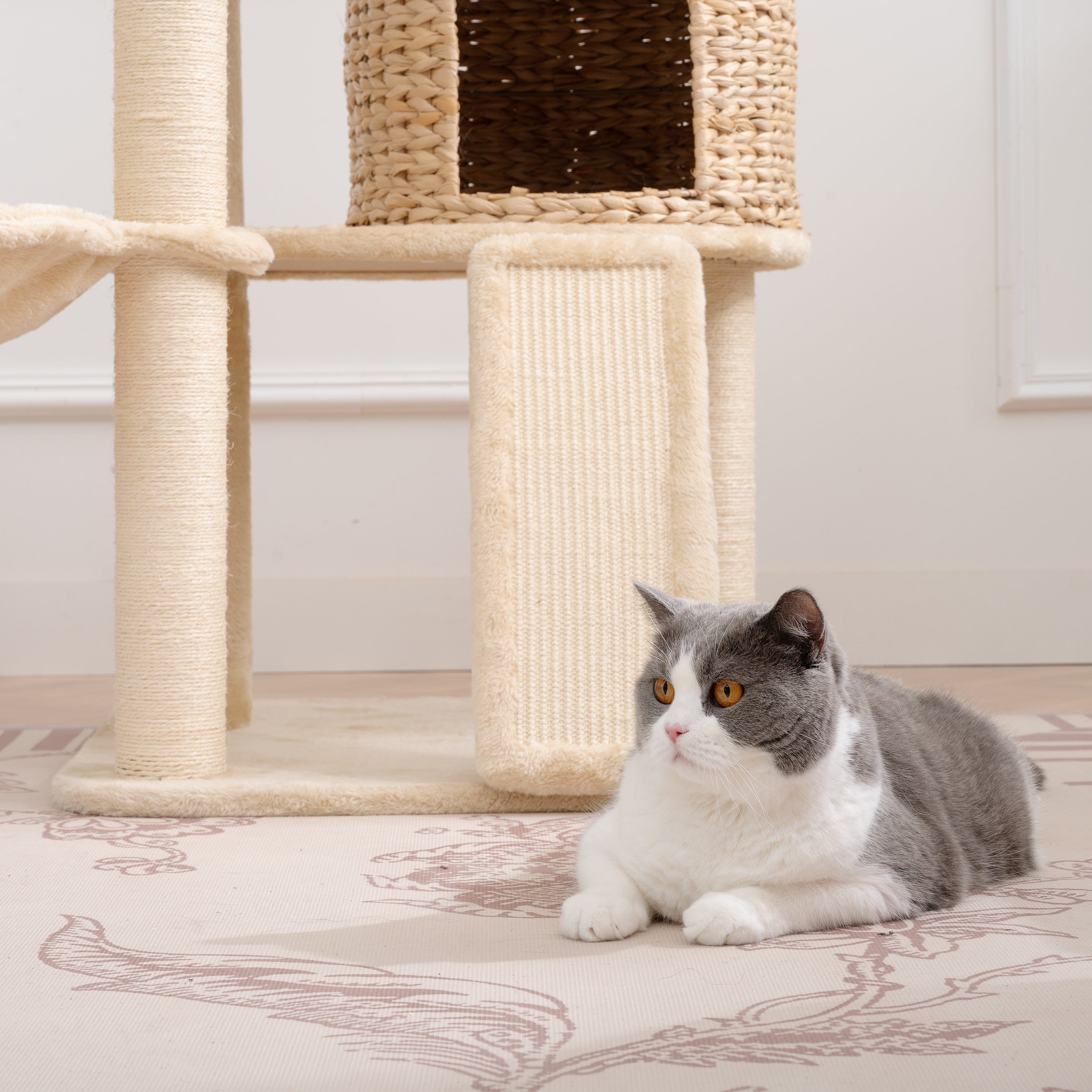 Cat Tree, 59-Inch Cat Tower for Indoor Cats, Plush Multi-Level Cat Condo with 2 Perches, 2 Caves, Cozy Basket and Scratching Board - Beige