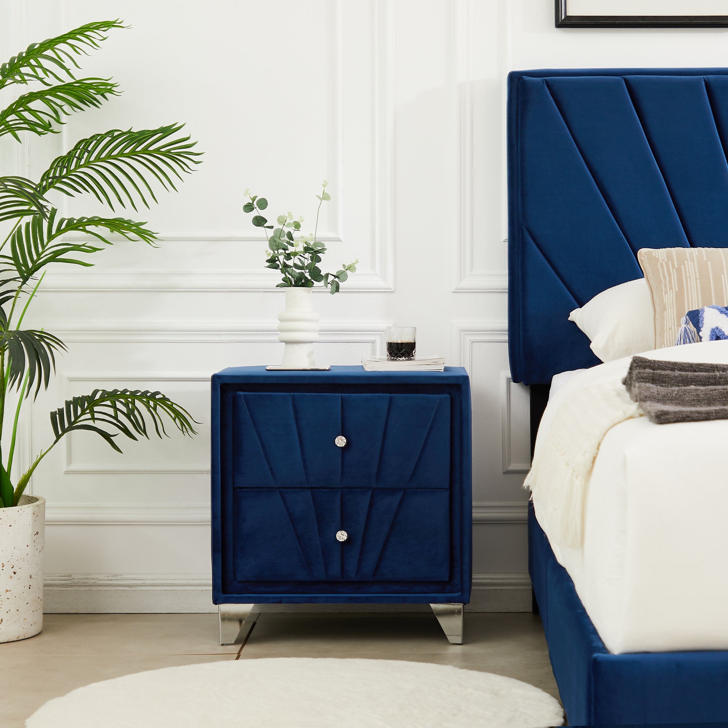 Queen bed with one(1) nightstand - Dark Navy Blue