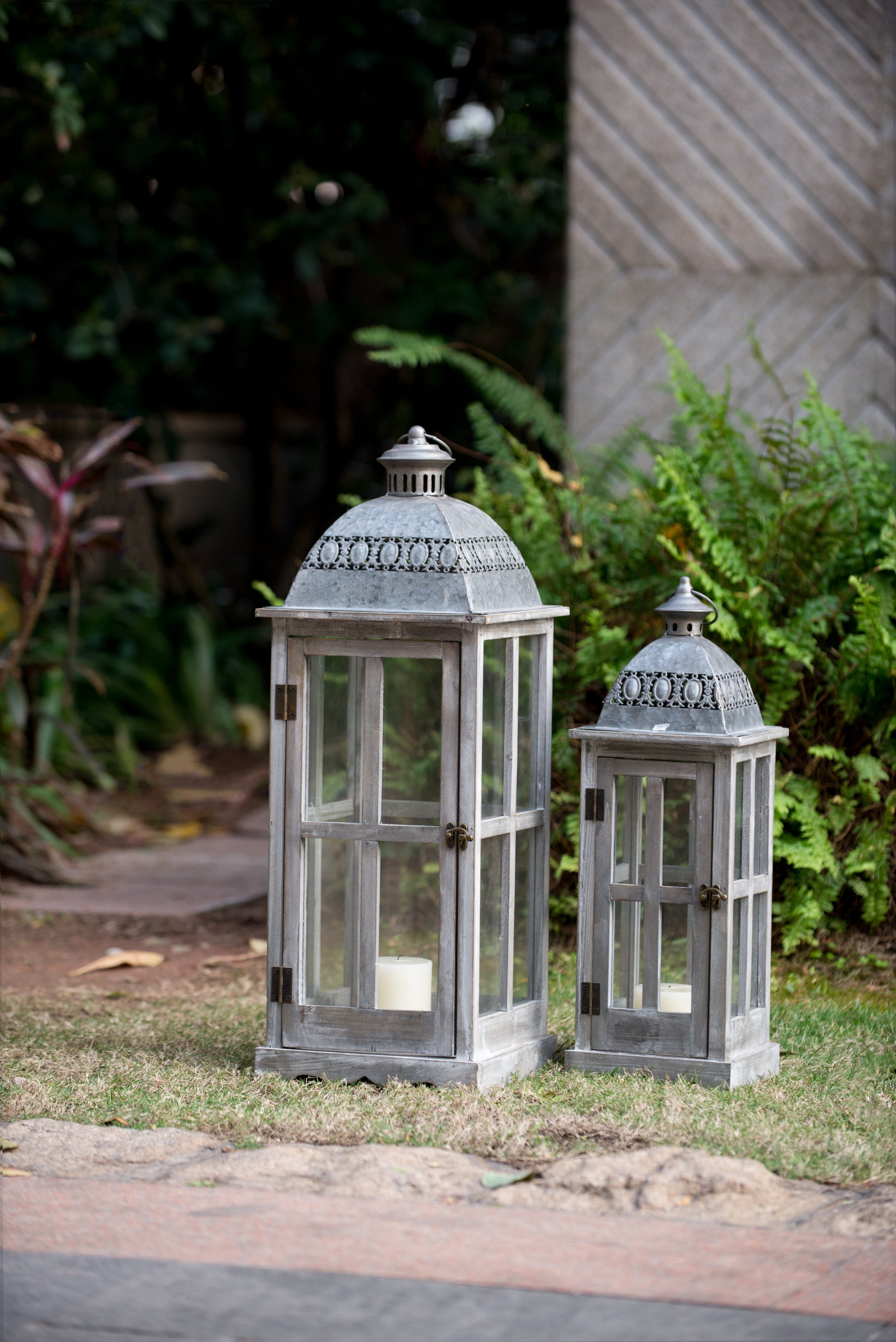 Wooden Candle Lantern Decorative (Set of 2) - Grey