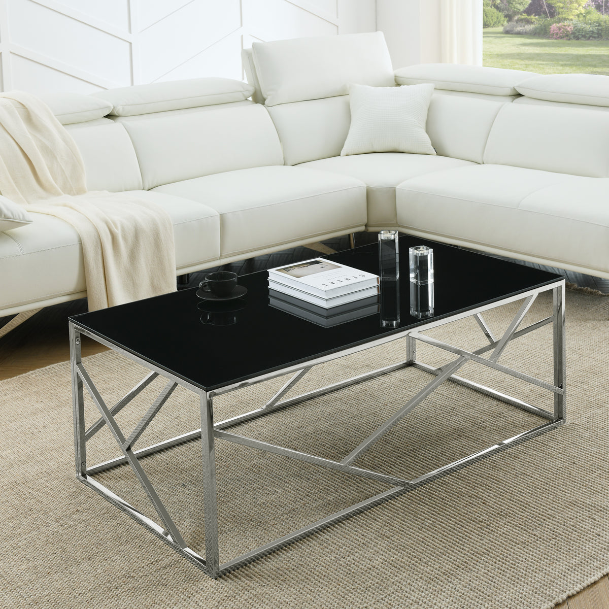 Modern Rectangular Coffee Accent Table with Black Tempered Glass Top and Stainless Steel Frame - Polished Chrome