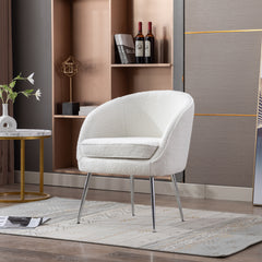 Soft Teddy Fabric Accent Armchair Dining Chair With Shining Electroplated Chrome Legs - Ivory White