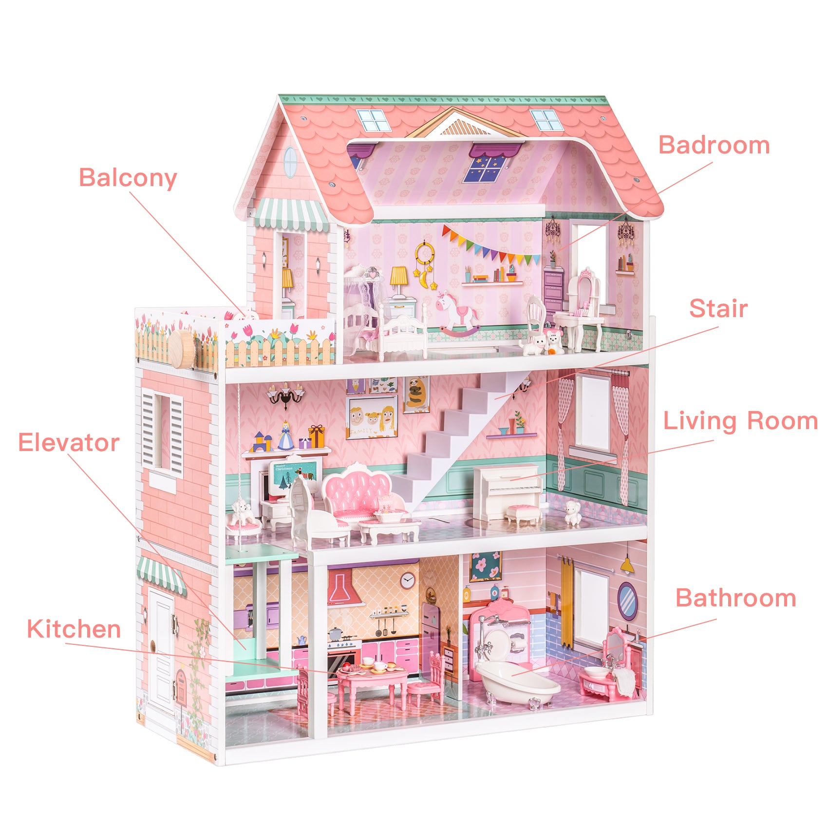 Wooden Dollhouse for Kids with 24 pcs Furniture for Kids