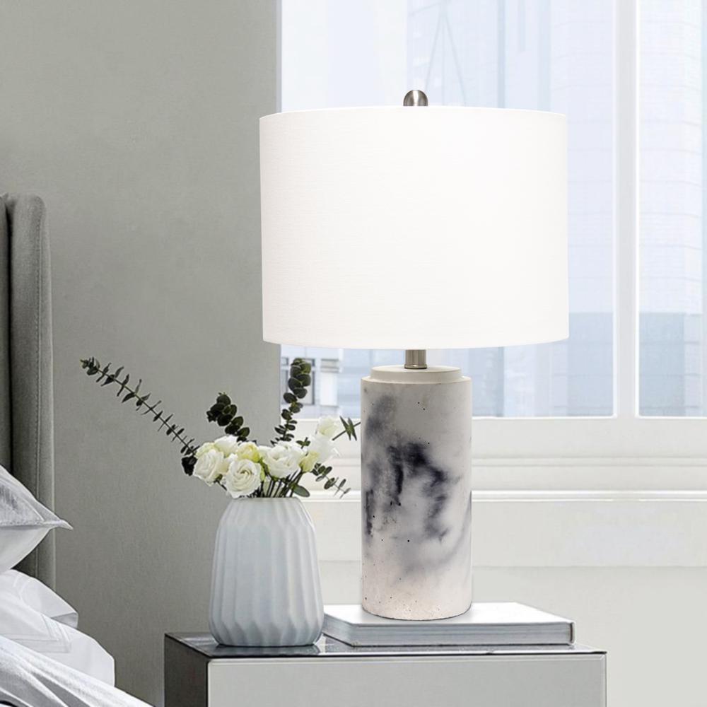 Marble Finish Table Lamp with White Fabric Drum Shade