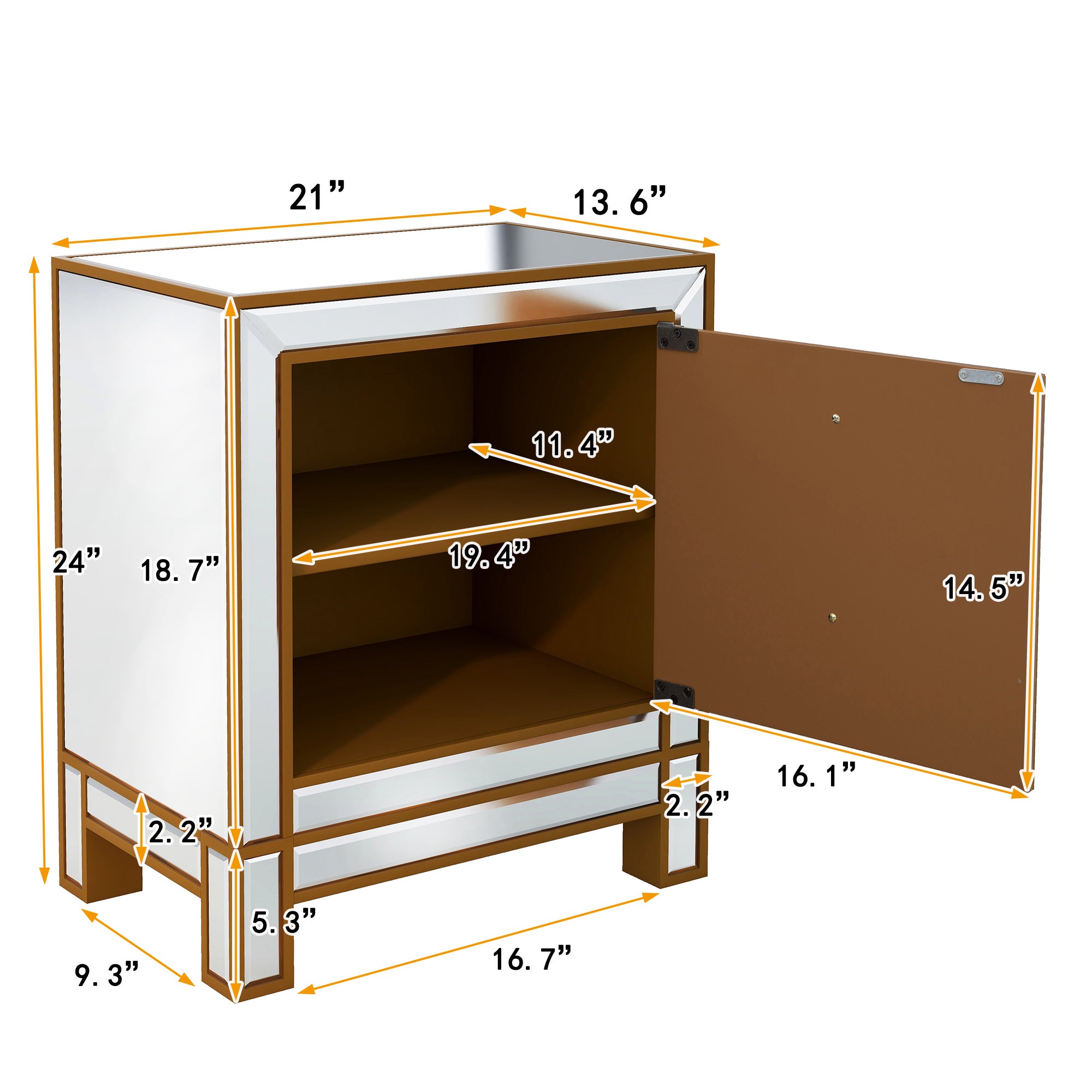 Modern Mirrored Nightstand with 2 Storage Cabinets - Silver Glass