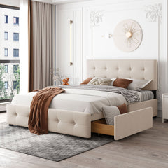 Queen Bed with Classic Headboard and 4 Drawers - Beige