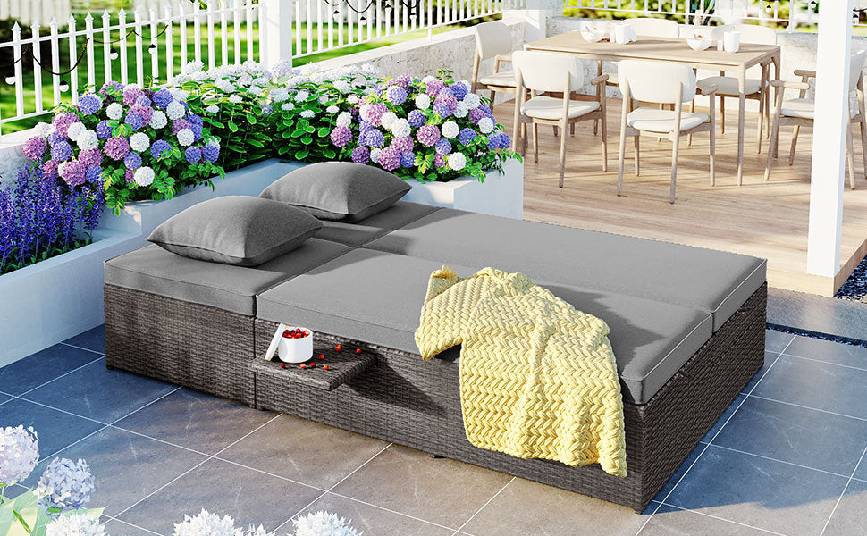 Outdoor Double Sun bed, Wicker Rattan Patio Reclining Chairs with Adjustable Backrest and Seat, Conversational Set for 2 Person - Gray