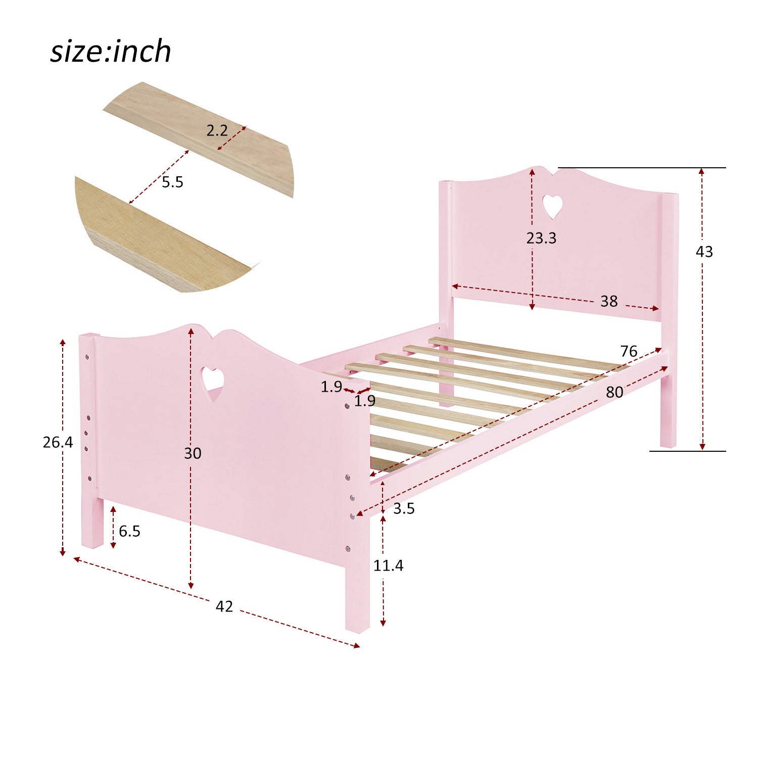 Twin Size Wood Platform Bed with Headboar - Pink