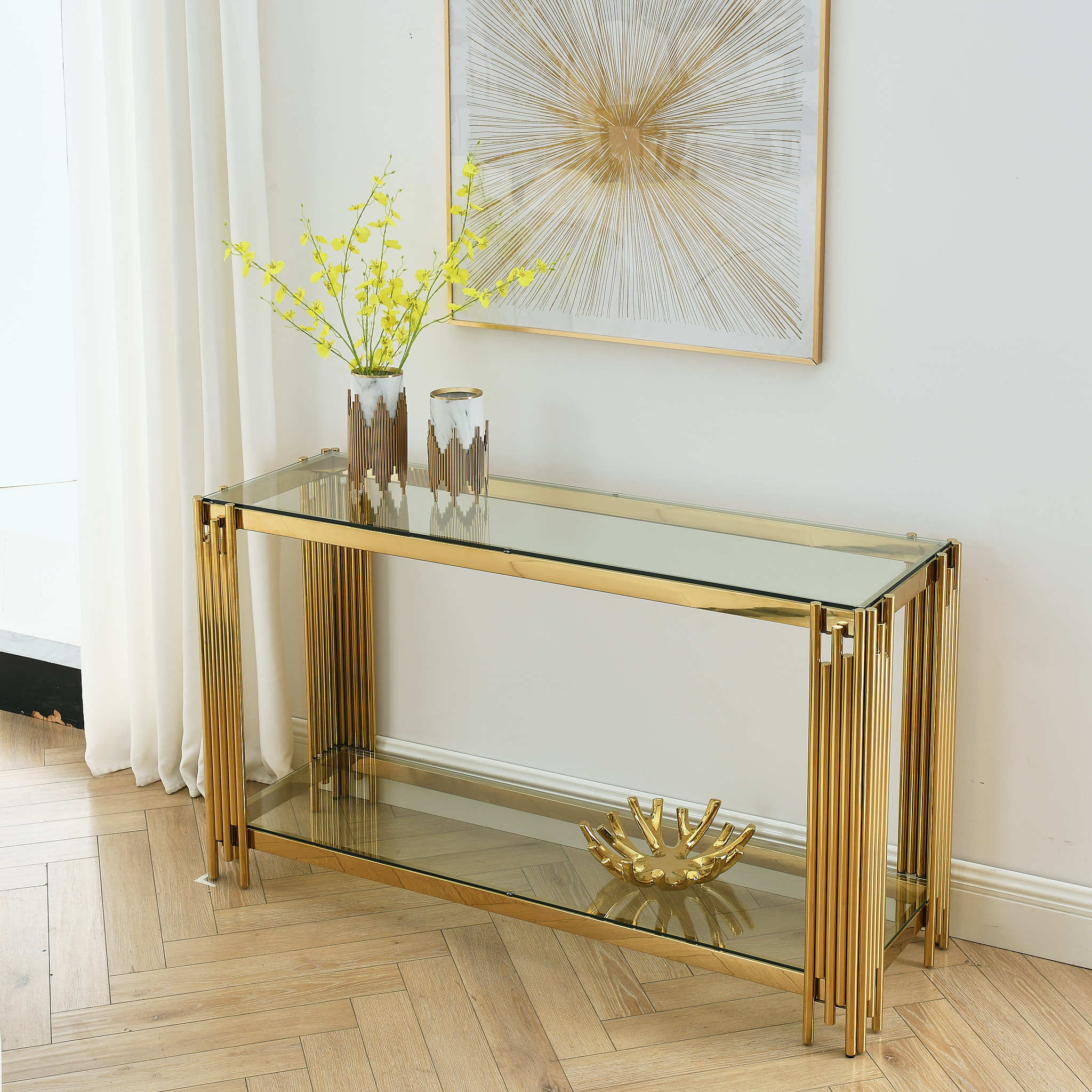 Modern Glass Console Table with Sturdy Metal Frame and Clear Tempered Glass Top - Gold Finish