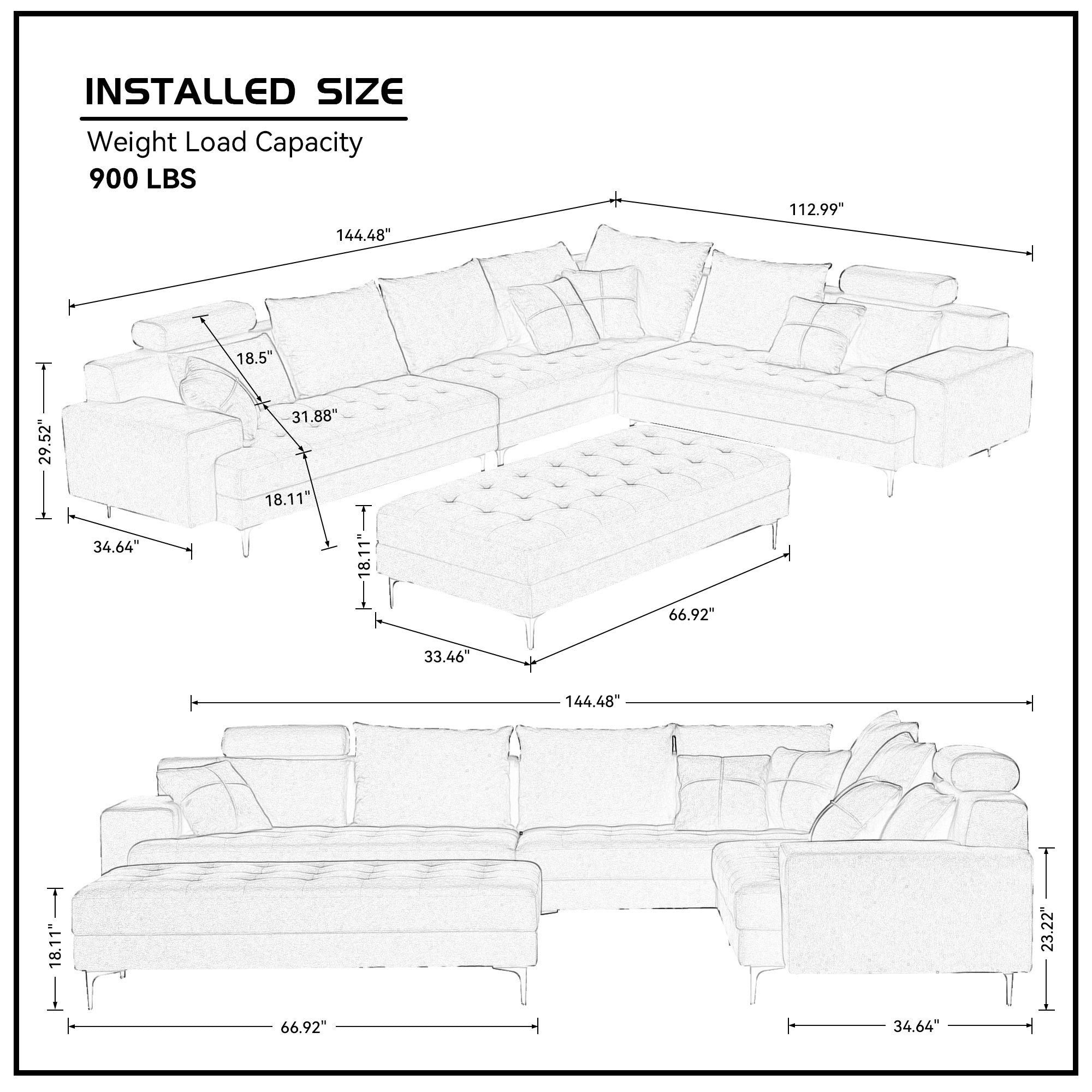 144'' Wide Reversible L-Shaped Sectional Sofa Couch Set with Ottoman for Living Room Apartment Home Hotel - Off White