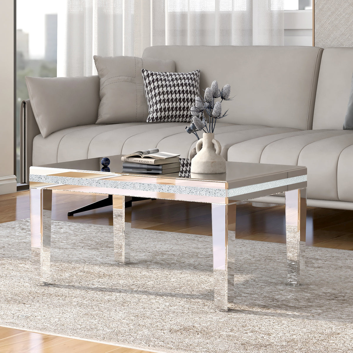 Fashionable Modern Glass Mirrored Coffee Table, Easy Assembly Cocktail Table with Crystal Design and Adjustable Height Legs - Silver