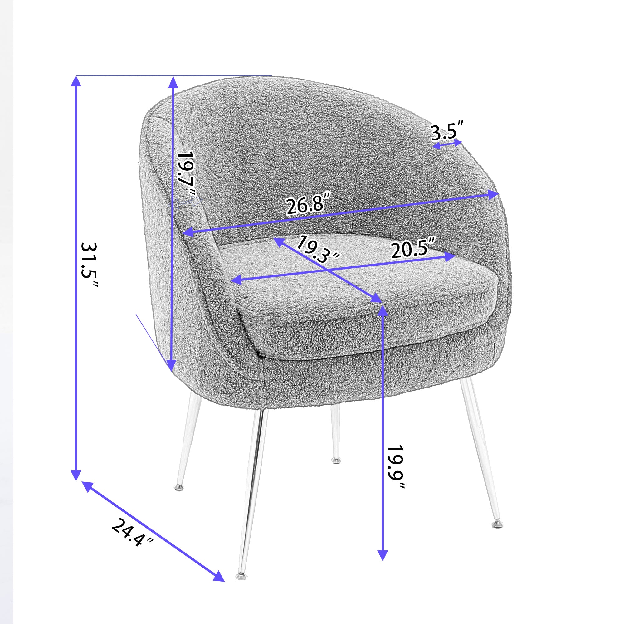 Soft Teddy Fabric Accent Armchair Dining Chair With Shining Electroplated Chrome Legs - Ivory White