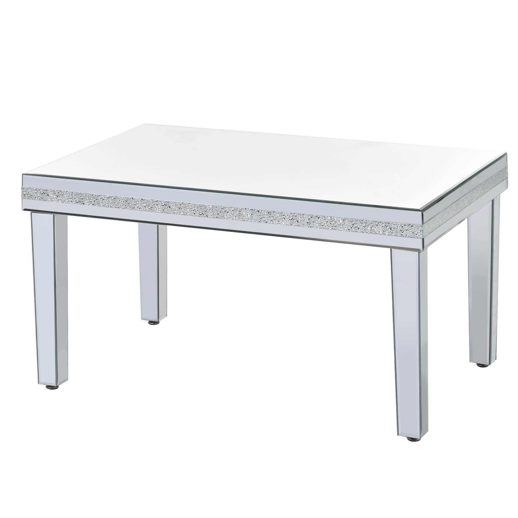 Fashionable Modern Glass Mirrored Coffee Table, Easy Assembly Cocktail Table with Crystal Design and Adjustable Height Legs - Silver