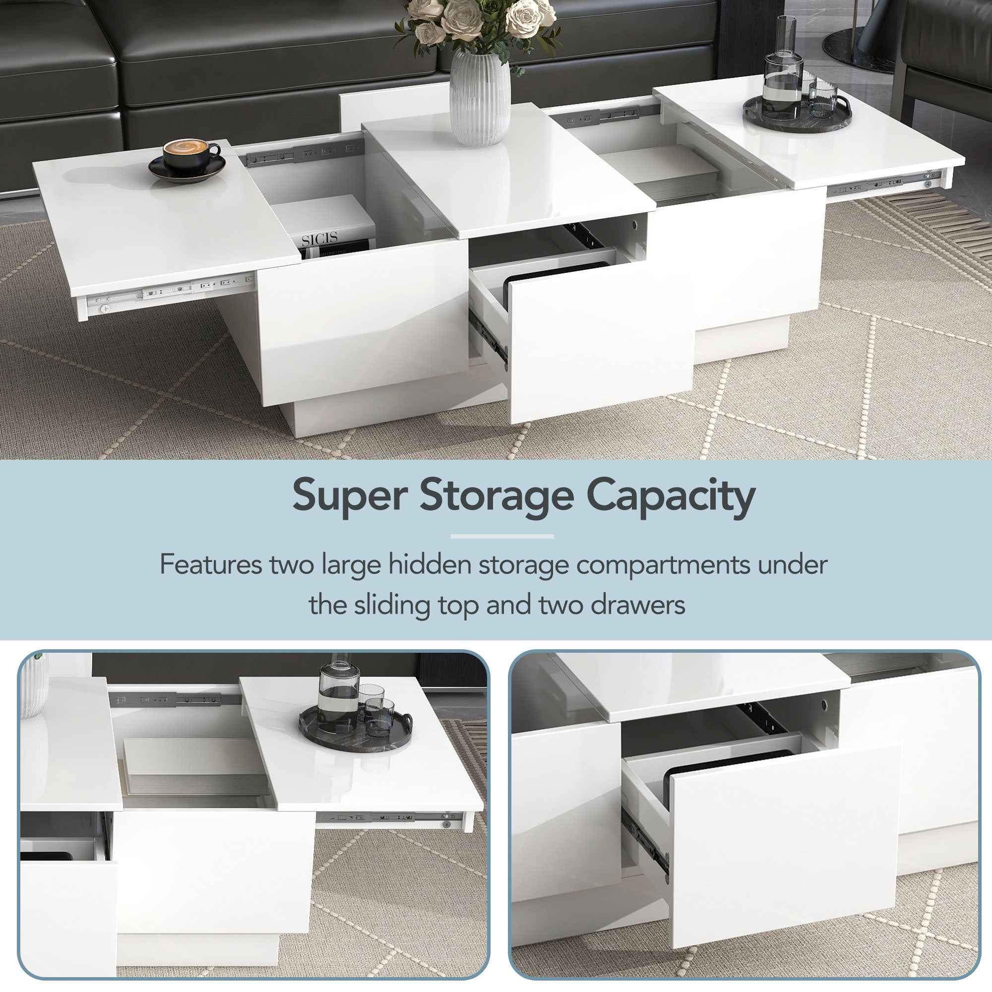 Multifunctional Coffee Table with 2 large Hidden Storage Compartment - White