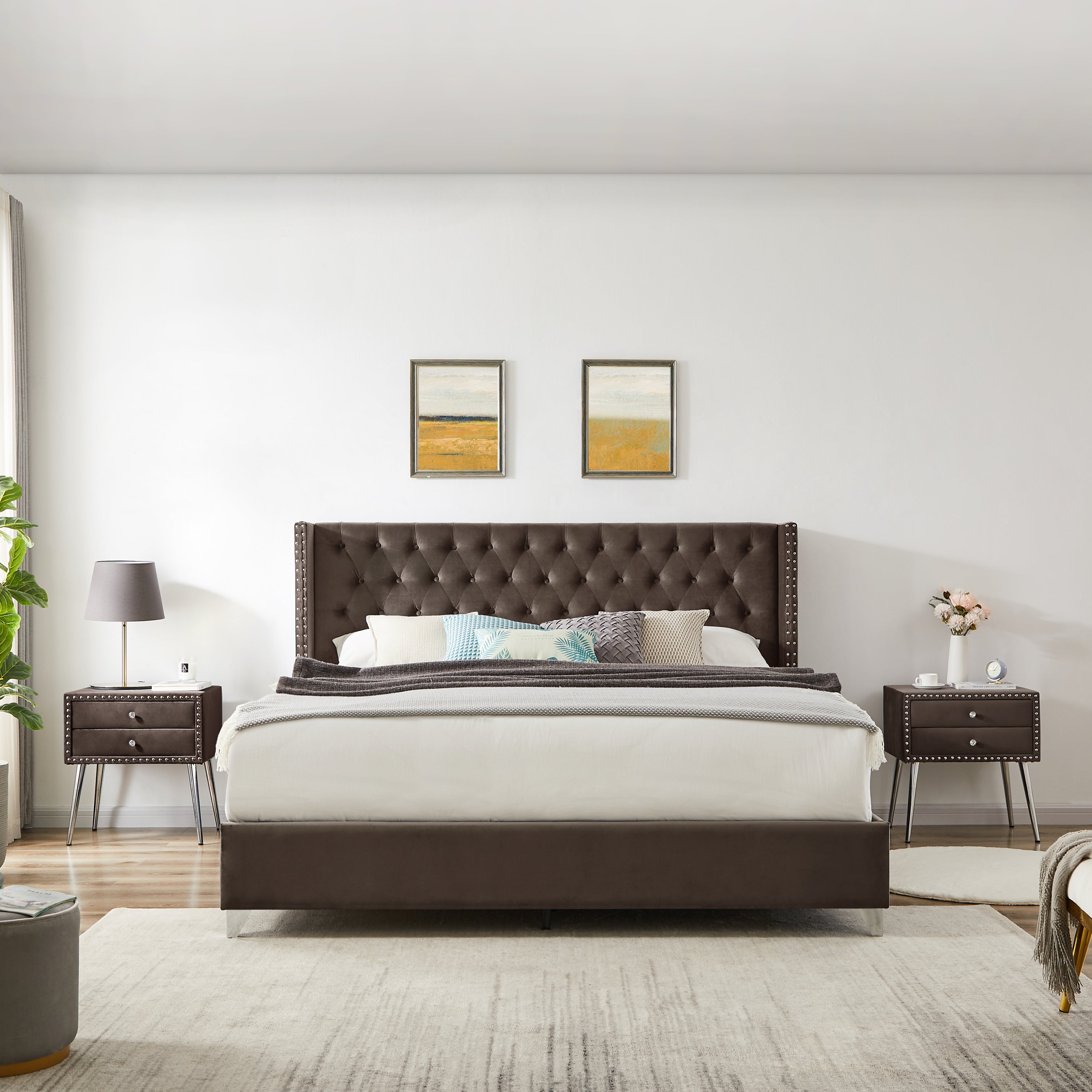 King bed + 1 Nightstand - Button designed Headboard