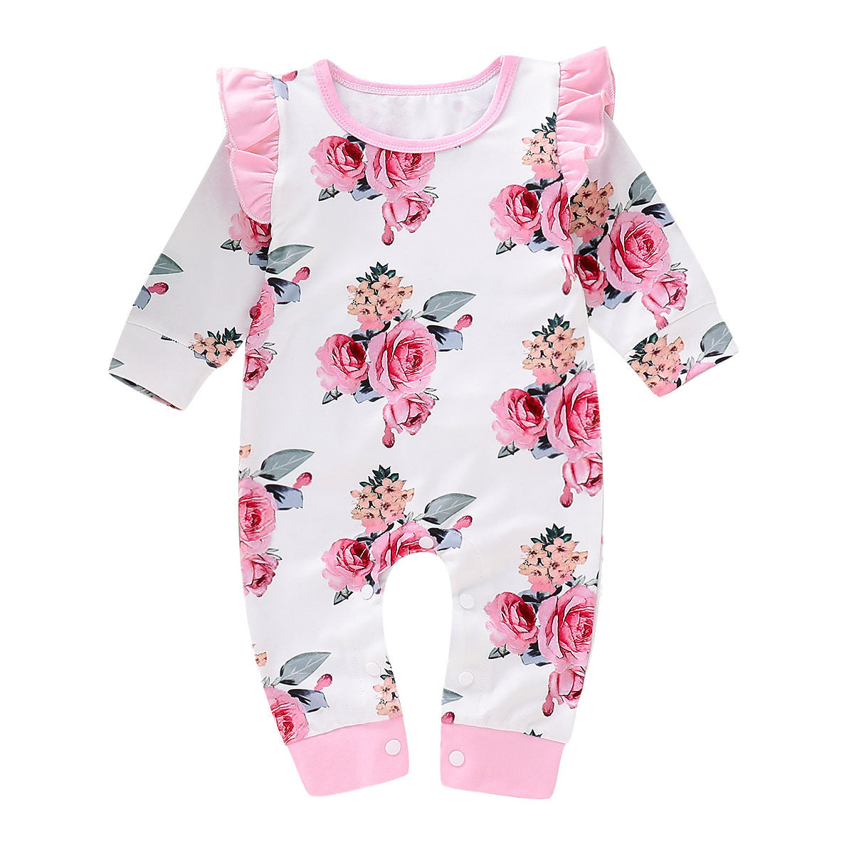 Baby Pink Flower Jumpsuit with Long Sleeves, Frills and Floral Pattern