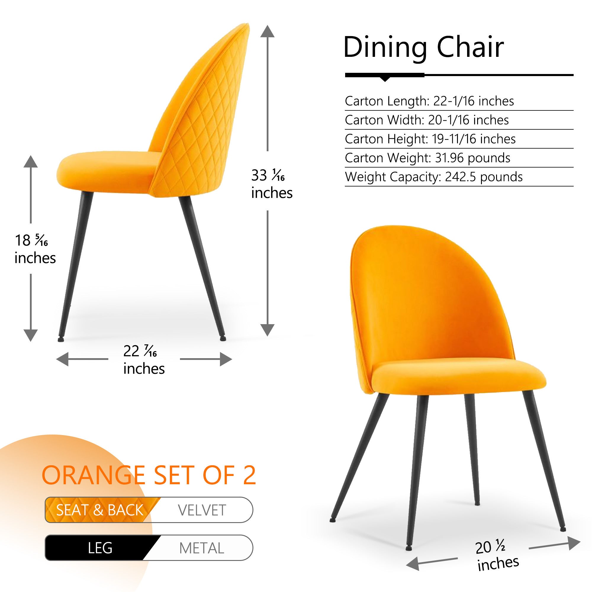 Dining Chair with Metal Black Legs (Set of 2) - Orange