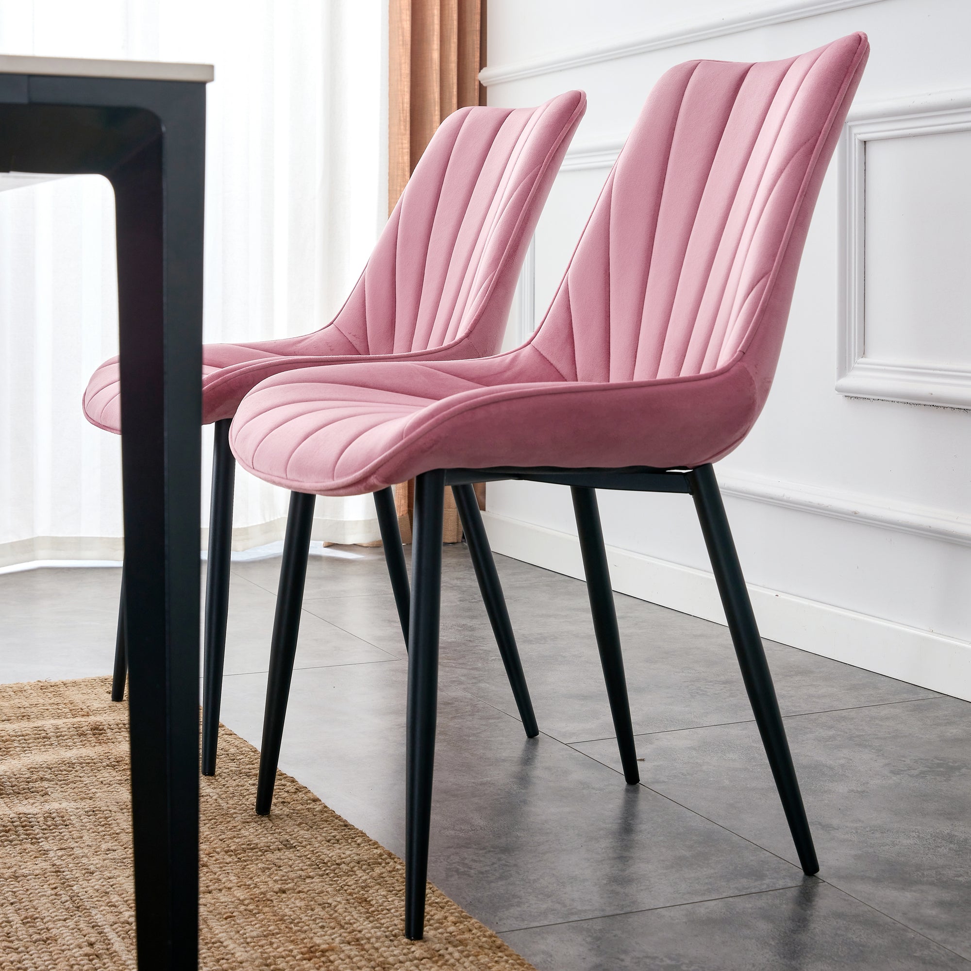 Modern Velvet Dining Chairs with Cushion Seat Back Black Coated Legs Upholstered (Set of 4) - Pink