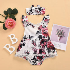 Baby Flower Jumpsuit with Headband Set, Sleeveless Jumpsuit with Frills