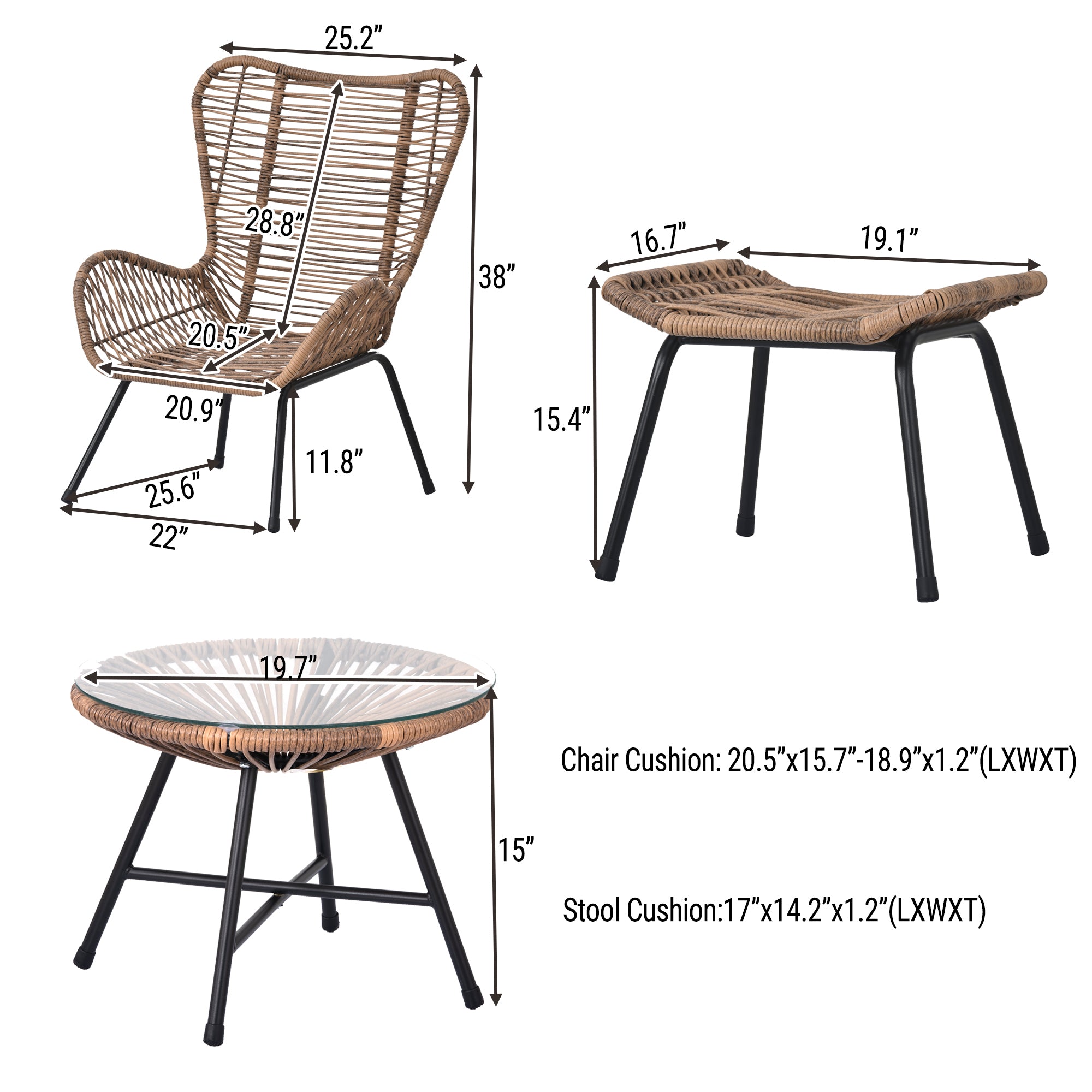 Outdoor Patio 5-Piece Rattan Conversation Set, PE Wicker Arm Chairs with Stools and Tempered Glass Tea Table - Natural Rattan + Dark Gray