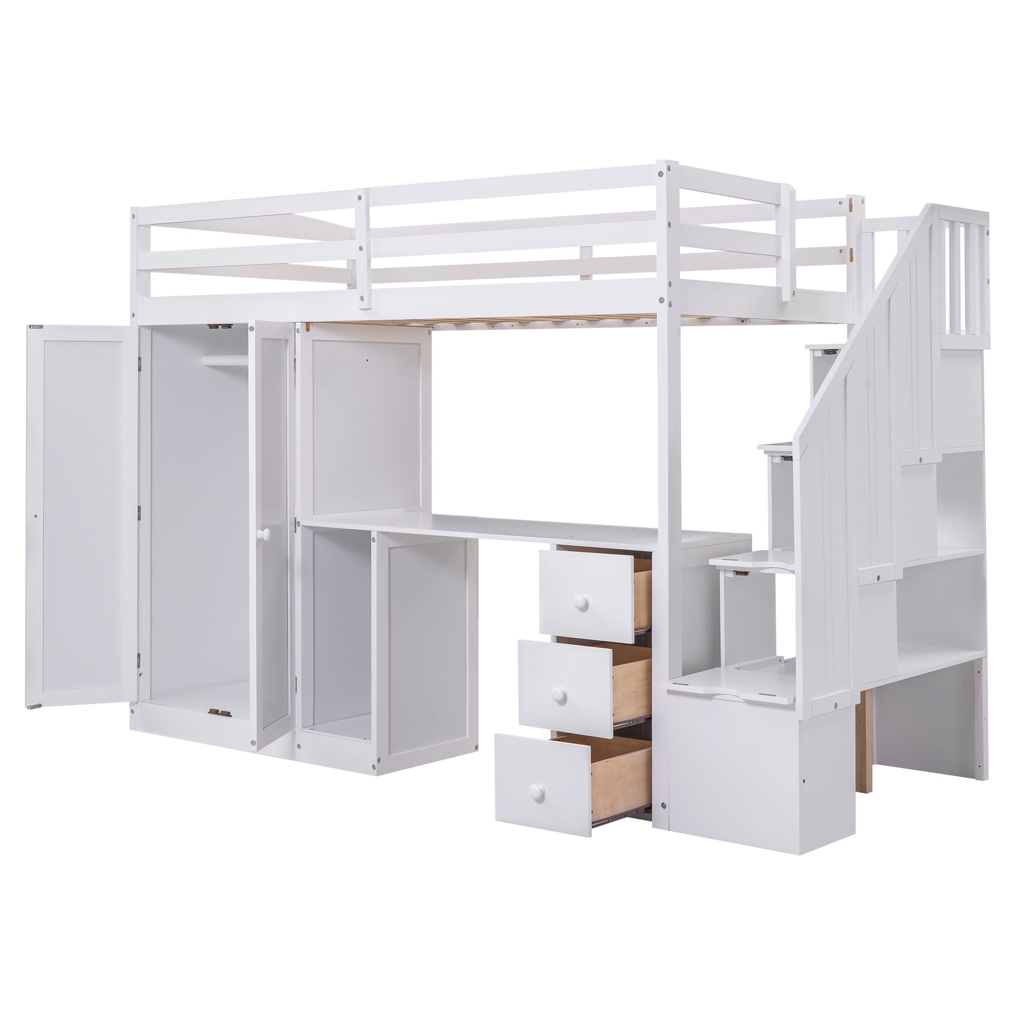 Twin Size Loft Bed with Wardrobe and Staircase - White