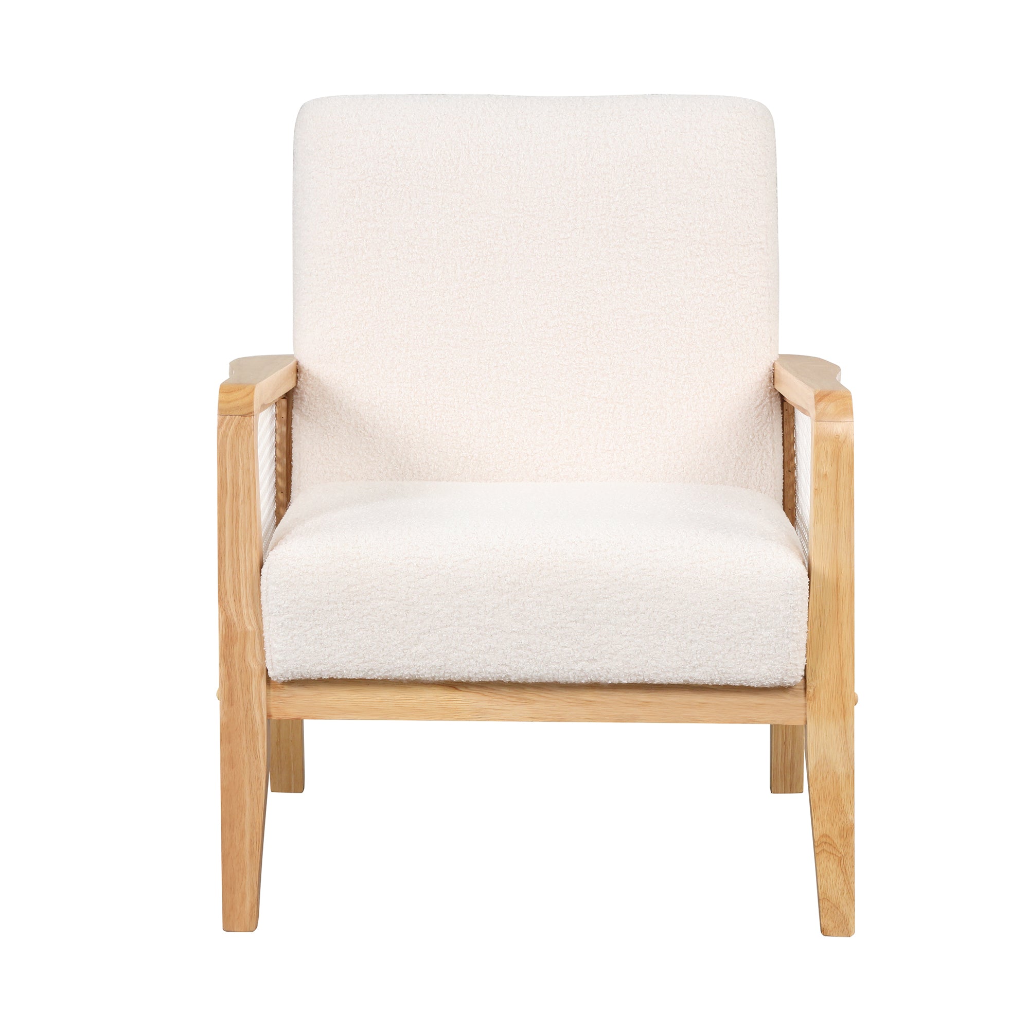 Armchair Rattan Mesh Upholstered Accent Chair, Teddy Short Plush Particle Velvet Armchair - White